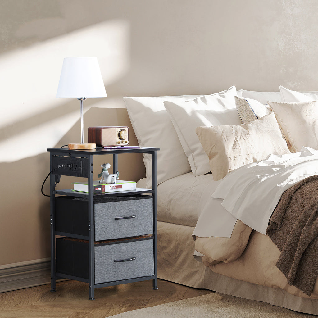 Compact Bedside Table with Power Outlets, Two Fabric Storage Drawers, and Open Shelf, Industrial Black Side Table for Small Bedrooms and Living Spaces