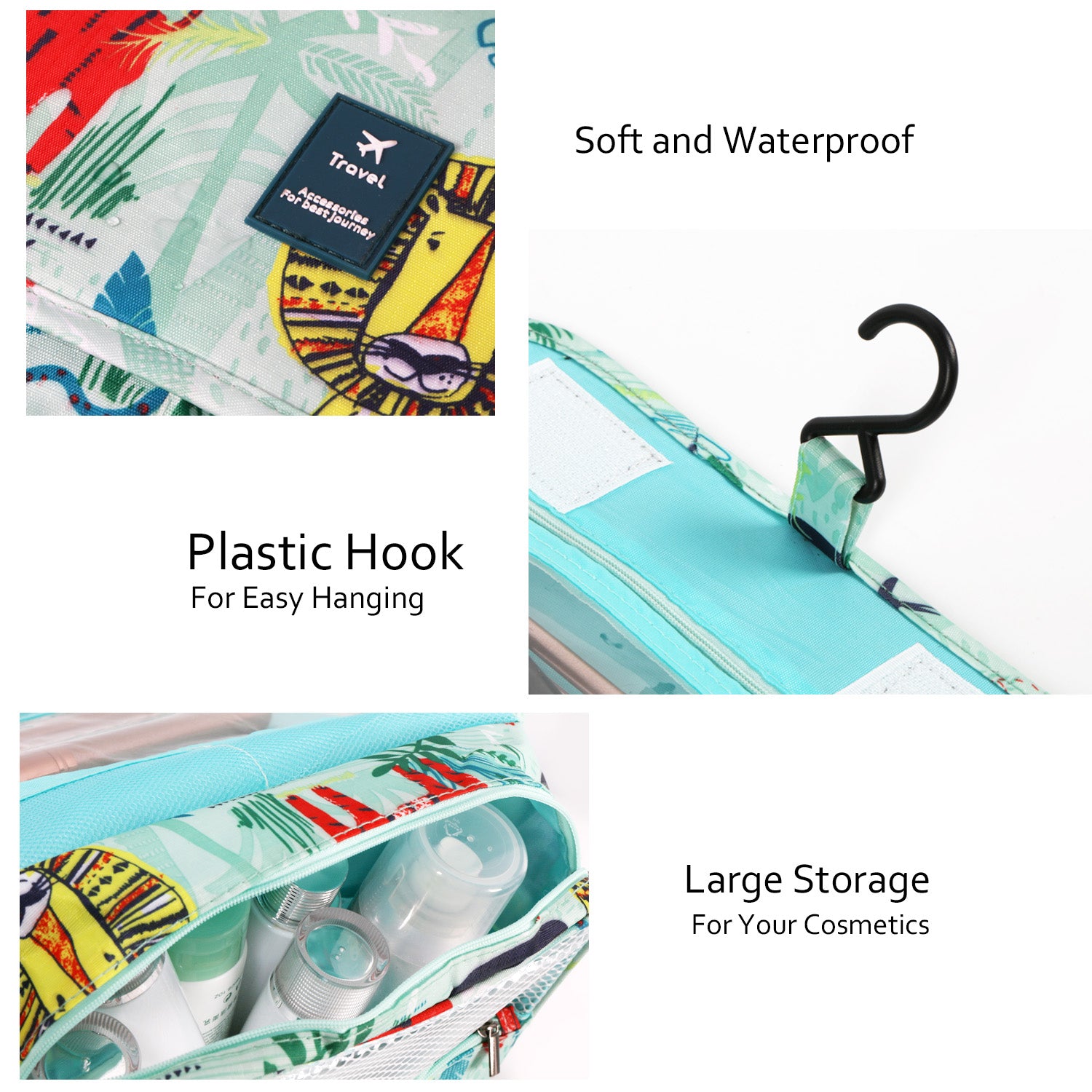 Portable Travel Cosmetic Case with Integrated Hanging Hook and Zip Closure - Lightweight Multi-Compartment Organizer for Toiletries and Personal Essentials in Azure Blue