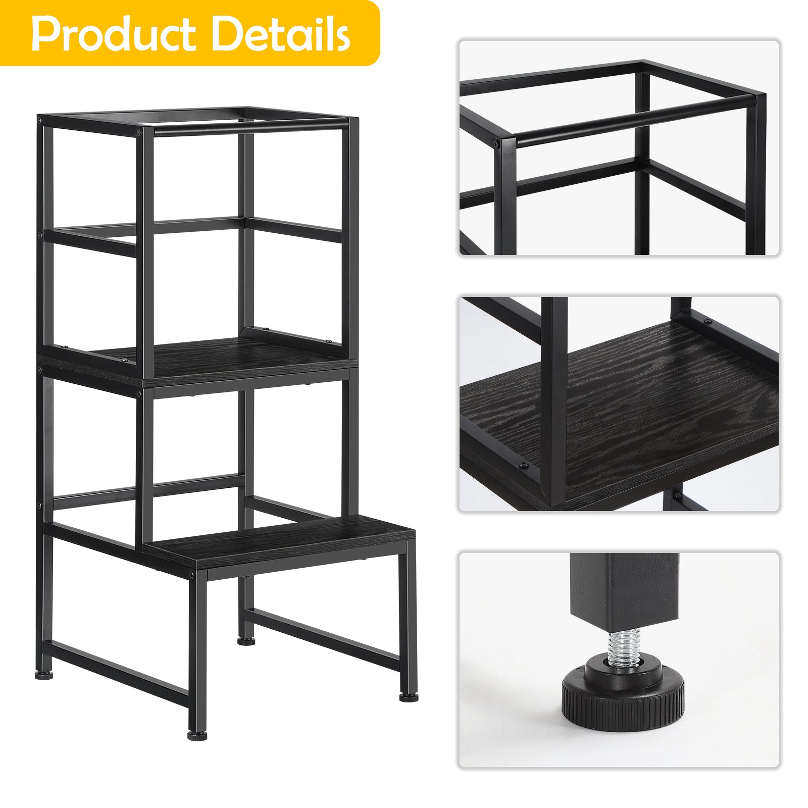 Kids' Kitchen Step Stool Helper - Adjustable Standing Tower with Safety Rail for Toddlers, Black,