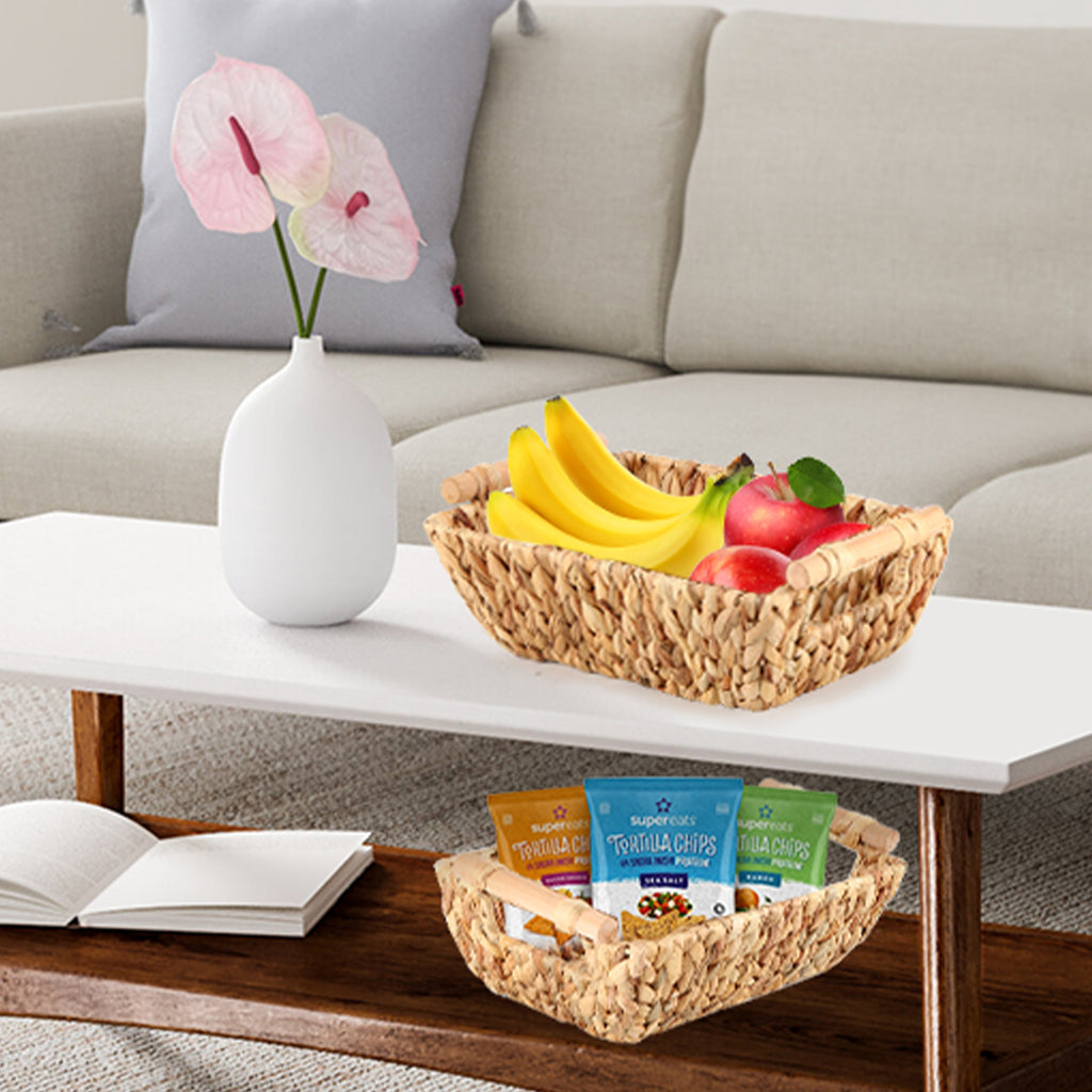 Handwoven Bathroom Storage Baskets with Wood Handles, Natural Water Hyacinth Organizer for Shelves, Closet, and Bedroom,