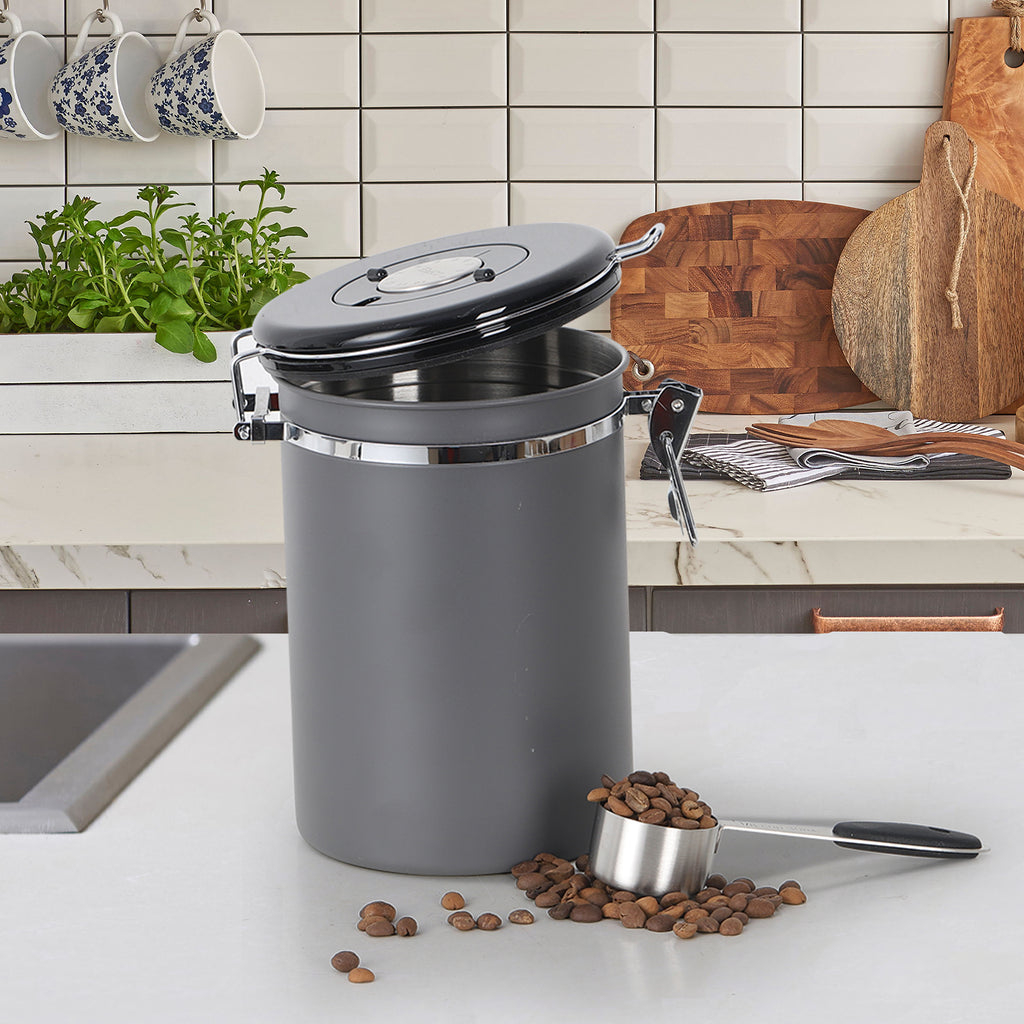 Airtight Coffee Canister - 22 oz Stainless Steel Coffee Bean Storage with Date Tracker & CO2 Valve - Includes Measuring Scoop, Gray