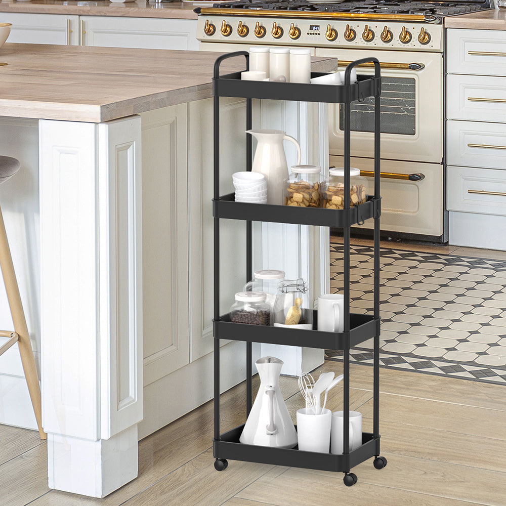4-Tier Plastic Rolling Utility Cart with Handle, Hooks, Multi-Functional Storage Trolley for Office, Living Room, Kitchen, Movable Storage Organizer with Wheels