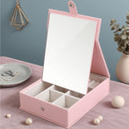 Pink PU Leather Jewelry Organizer with Built-in Mirror - Stylish Countertop Display Box for Vanity