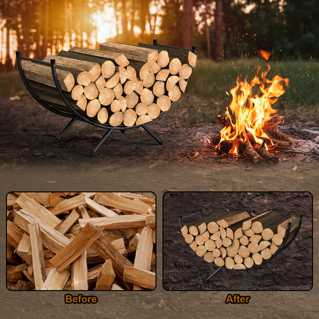 33 Inch Curved Firewood Rack, Powder-Coated Metal Fireplace Log Holder, Heavy Duty Indoor/Outdoor Firewood Storage Rack for Fireplace, Patio, Backyard, Black