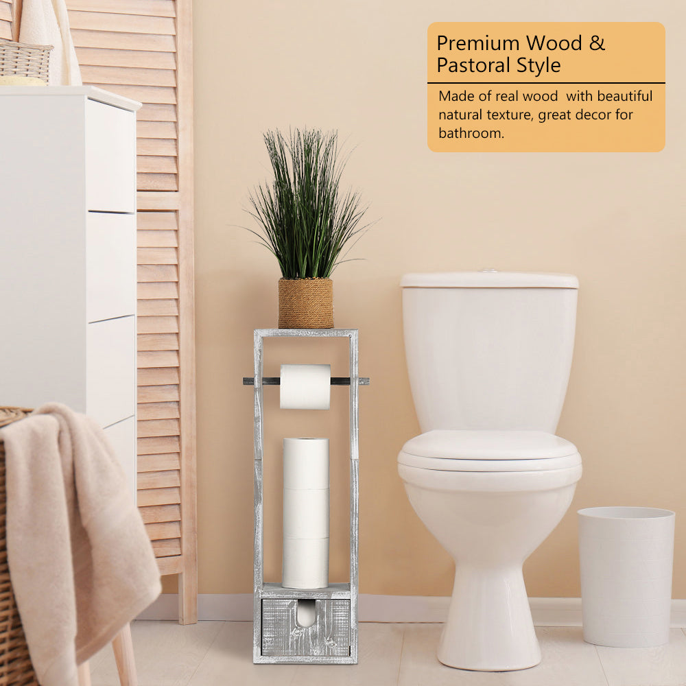 Rustic Wood Toilet Paper Holder Stand - Free-Standing Tissue Dispenser with Storage Drawer & Phone Shelf
