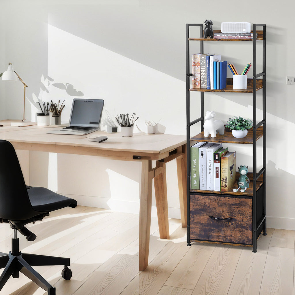 Tall Narrow 5-Tier Bookshelf with Storage Cabinet Drawer