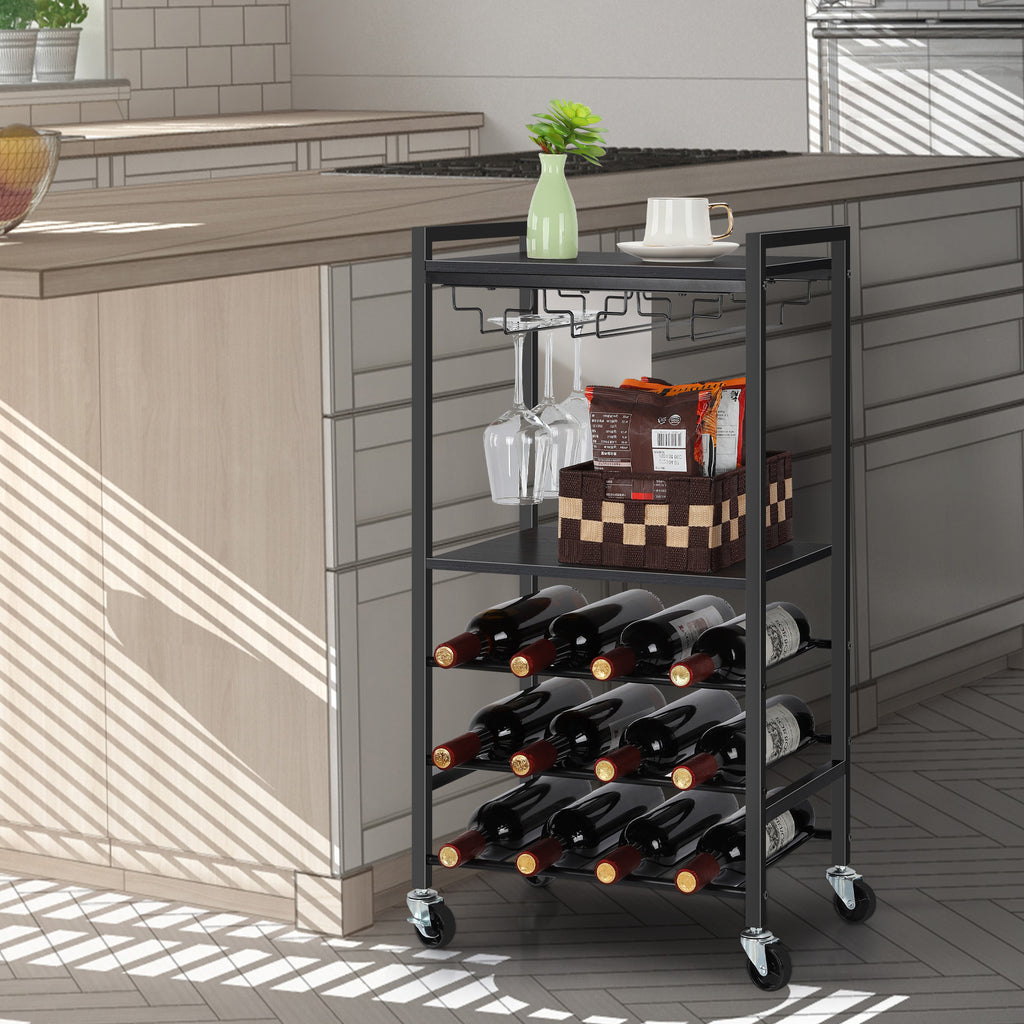 Compact Mobile Wine Bar and Beverage Cart with Glassware Racks and Integrated Bottle Storage for Kitchen and Dining Areas