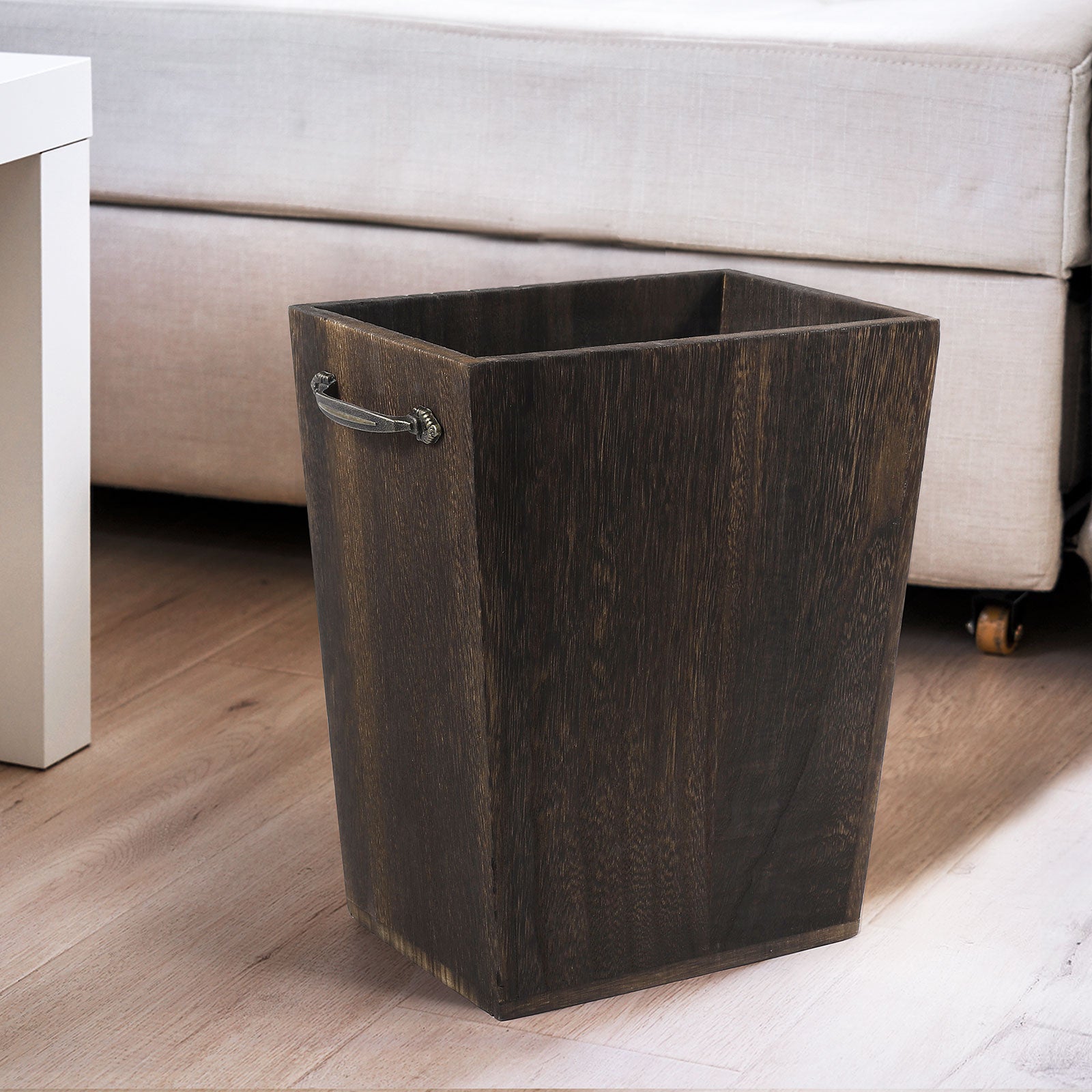Wooden Waste Bin with Integrated Dual Metal Handles, Versatile Garbage Pail for Home or Office Use, Dark Brown/Gray-White