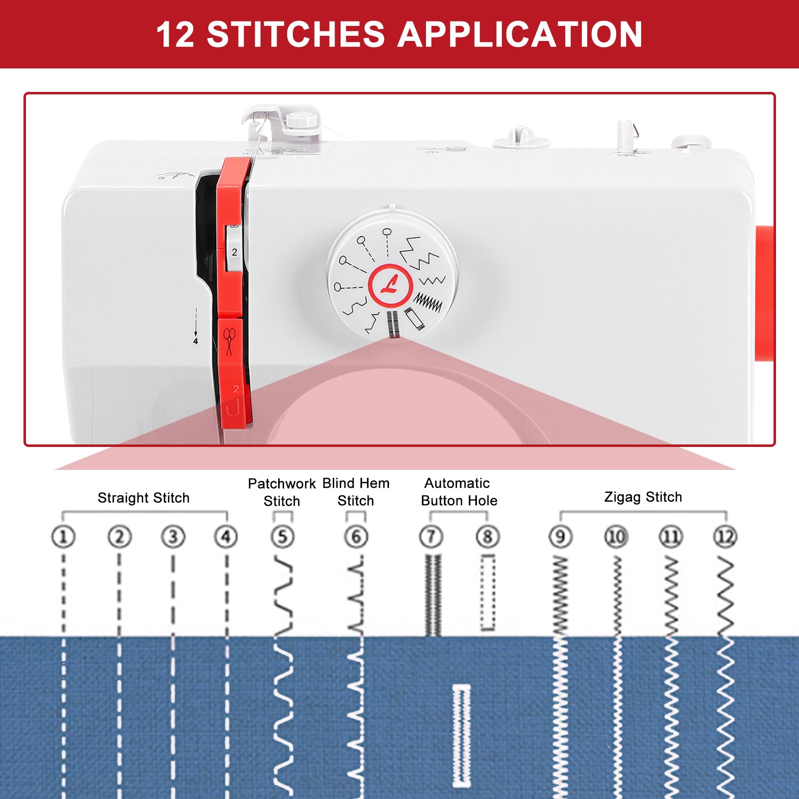 Portable Mini Sewing Machine for Beginners & Kids, 12 Built-in Stitches Electric Household Sewing Machine with 2-Speed Control, Foot Pedal & LED Light, Heavy Duty Mending Stitching Machine, White & Red