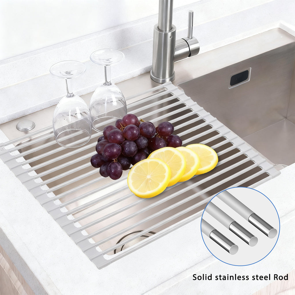 Roll Up Over Sink Dish Drying Rack (17.5''x13'') - Foldable Silicone Wrapped Stainless Steel Drainer, Grey