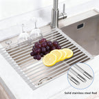 Roll Up Over Sink Dish Drying Rack (17.5''x13'') - Foldable Silicone Wrapped Stainless Steel Drainer, Grey