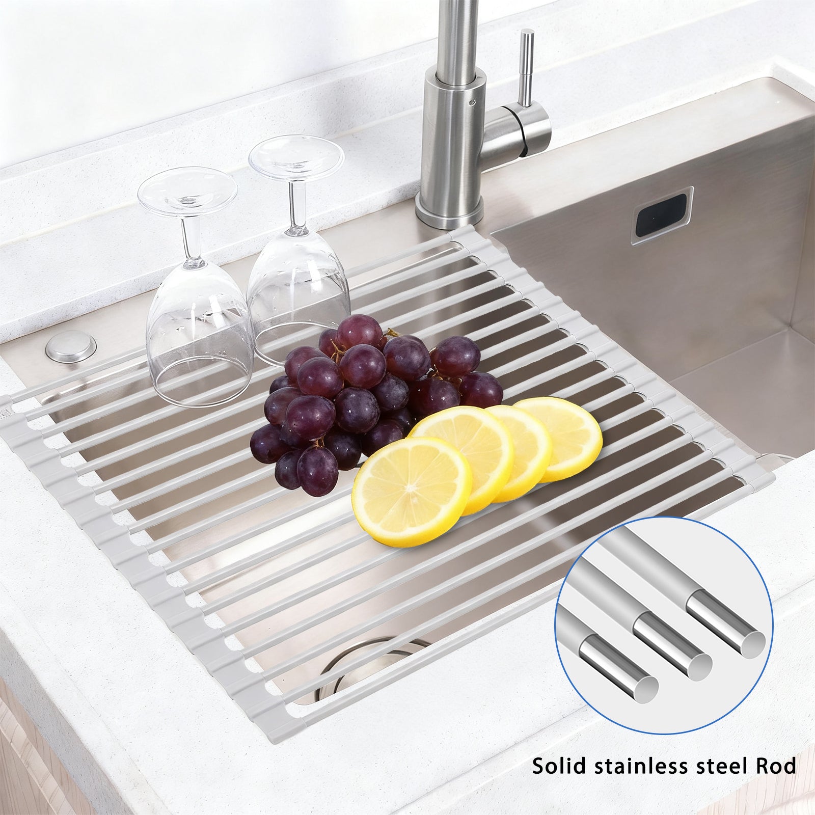 Roll Up Over Sink Dish Drying Rack (17.5''x13'') - Foldable Silicone Wrapped Stainless Steel Drainer, Grey