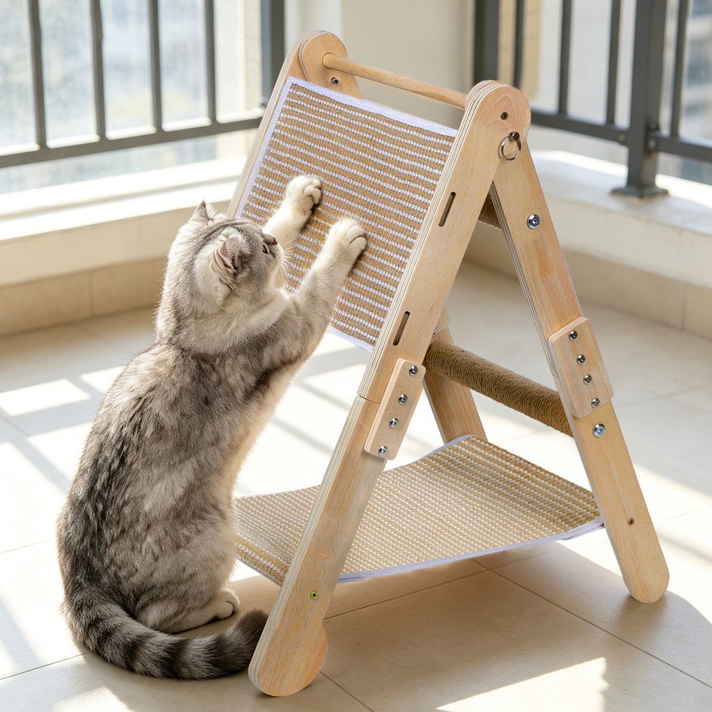 Wooden Cat Scratcher Hammock with Sisal Pad, 2-in-1 Cat Scratching Post & Bed for Indoor Cats, Adjustable Cat Scratcher Lounge
