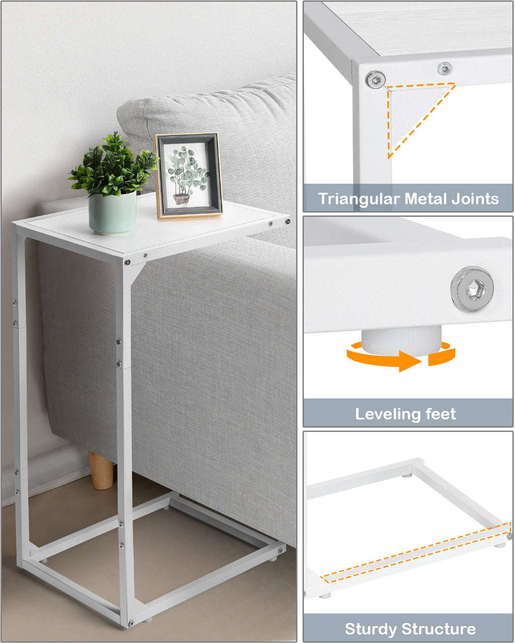 2-Pack C-Shaped Side Tables, White Slim Sofa End Tables, Laptop & Snack Table for Small Spaces, Living Room & Bedroom