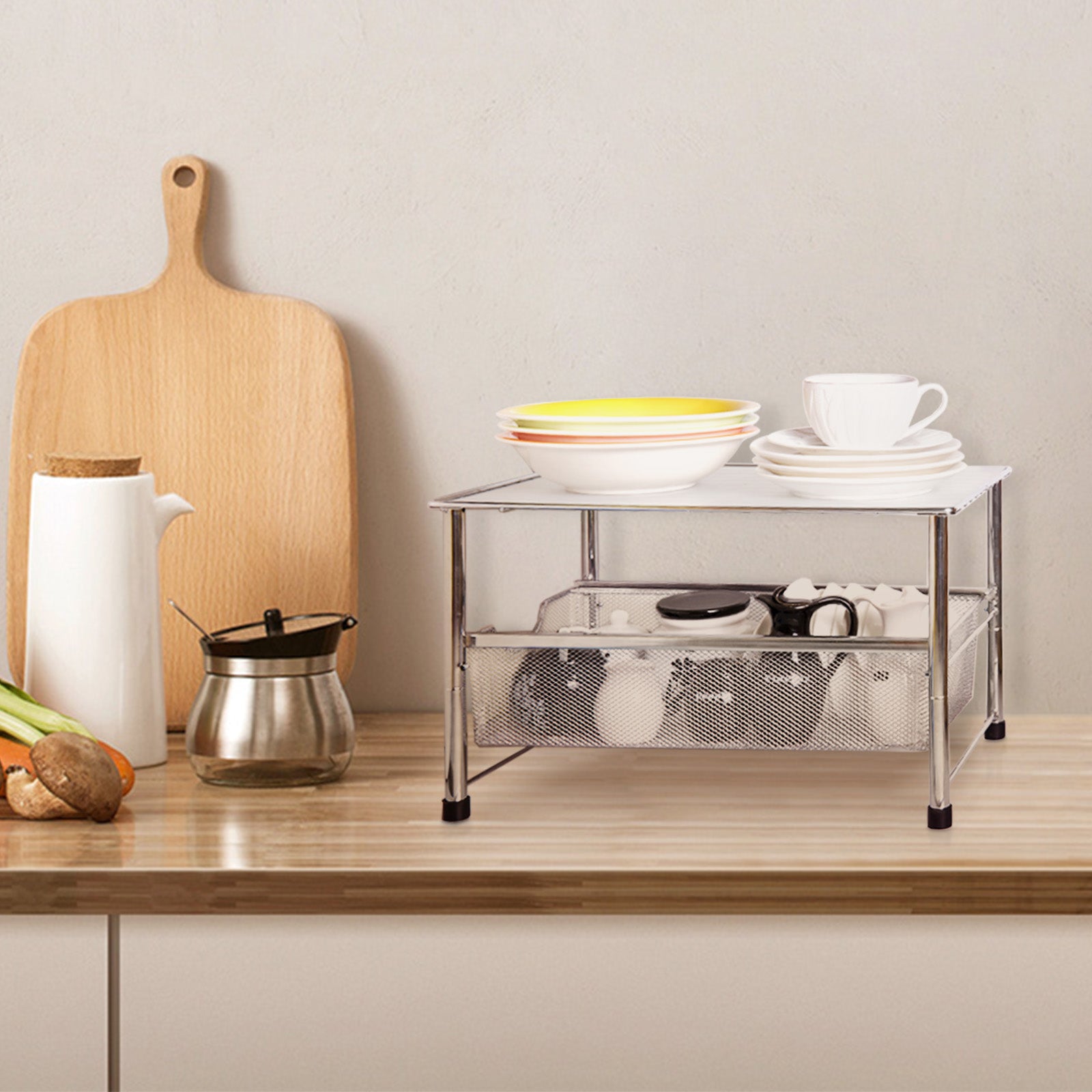 Multi-Functional Kitchen Sink Organizer, Appliance Storage Shelf with Sliding Pull-Out Drawer