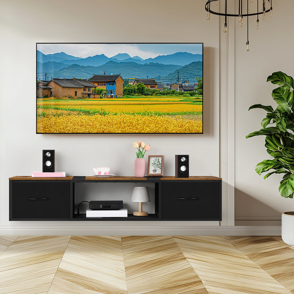 Farmhouse Floating TV Stand & Media Console with Power Outlets - Rustic Brown Wall Mount w/ Drawers
