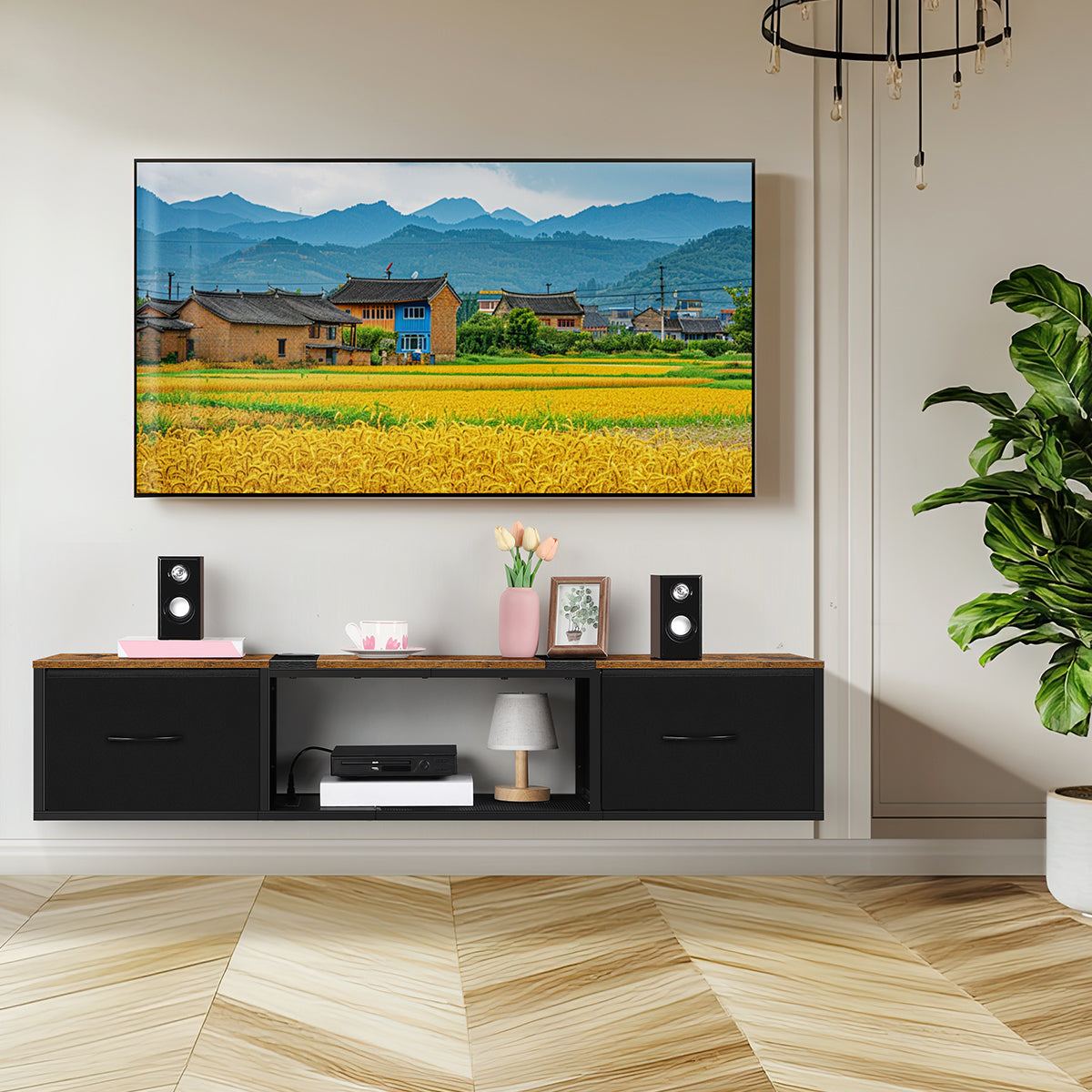 Farmhouse Floating TV Stand & Media Console with Power Outlets - Rustic Brown Wall Mount w/ Drawers