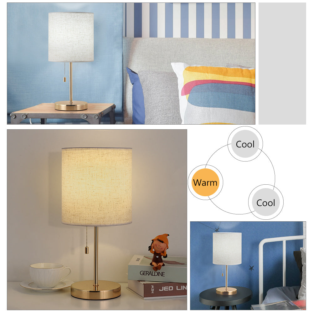 Modern Gold Bedside Lamp with Pull Chain — Elegant Nightstand Lamp with Linen Fabric Shade.