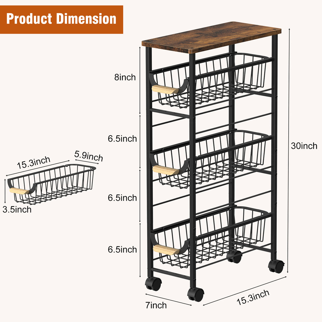 4-Tier Slim Rolling Laundry Cart - Narrow Slide-Out Storage Organizer with Baskets for Small Spaces,