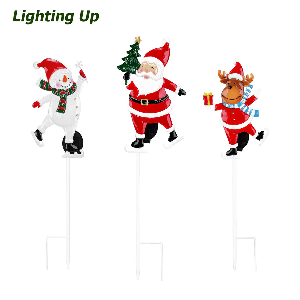 Solar Christmas Yard Stakes, 3-Pack - Metal Santa, Snowman & Reindeer Garden Lights for Path & Lawn