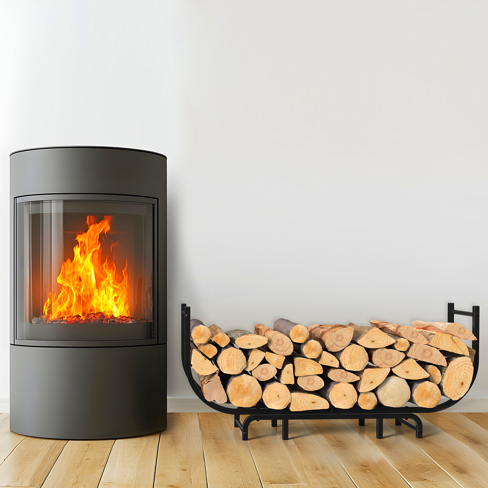 48inch Curved Firewood Rack, Heavy Duty Metal Log Storage Rack for Fireplace & Outdoor Use