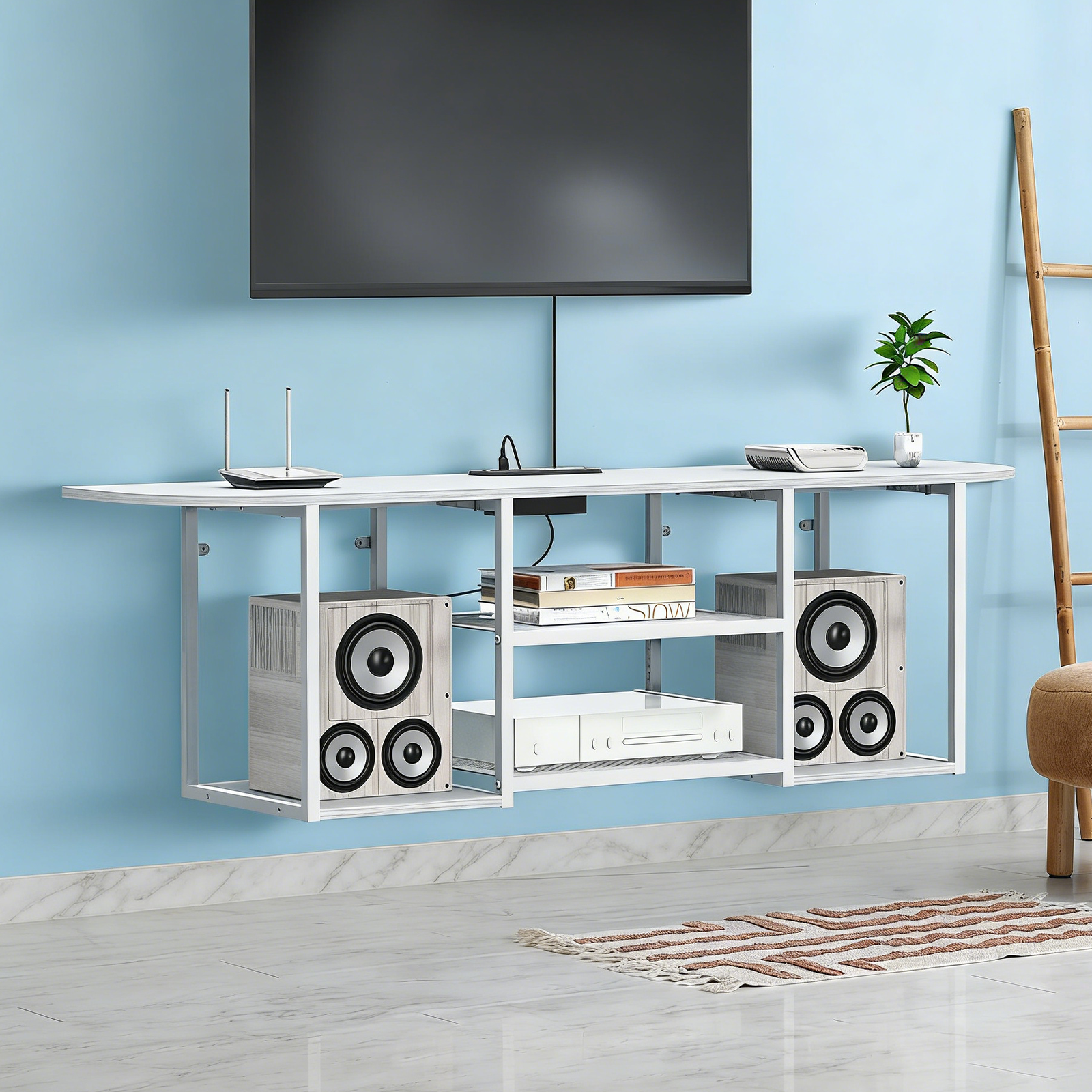 3-Tier Floating TV Stand with Charging Station - Wooden Wall Console for 32-55" TVs, White