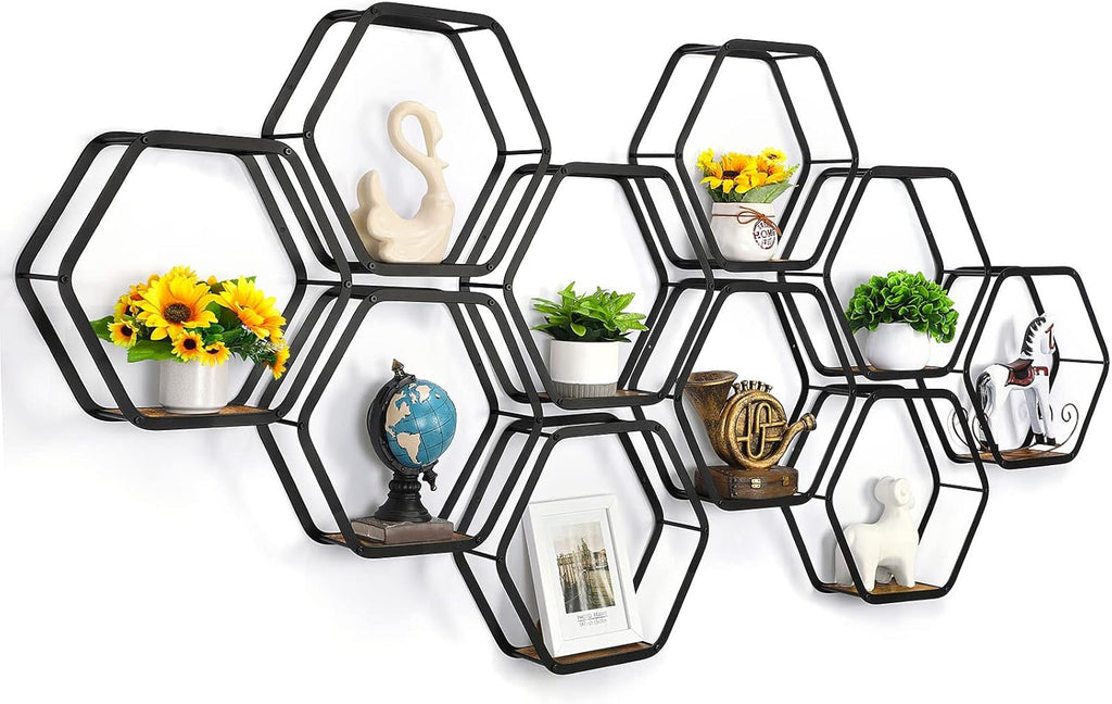 10-Piece Hexagon Floating Shelves | Modern Matte Black Honeycomb Wall Gallery Set