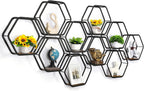 10-Piece Hexagon Floating Shelves | Modern Matte Black Honeycomb Wall Gallery Set