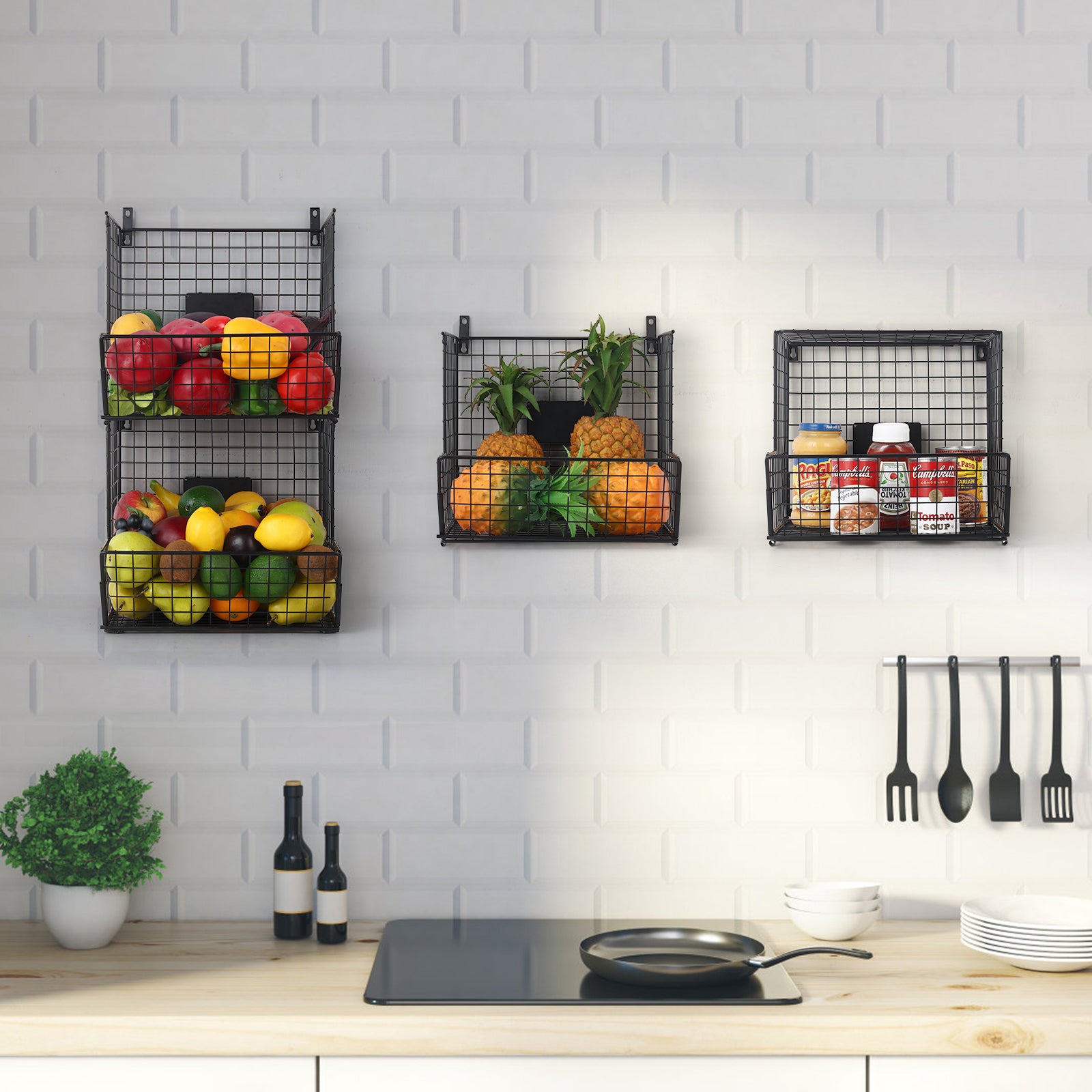 4-Level Wall-Mounted Metal Wire Produce Organizer with Rolling Wheels and Chalkboards, Black Stackable Storage Rack for Kitchen and Bathroom