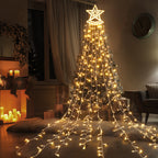 12FT Christmas Waterfall Lights with 14inch Star Topper - 350 LED Outdoor Star String Lights for Yard