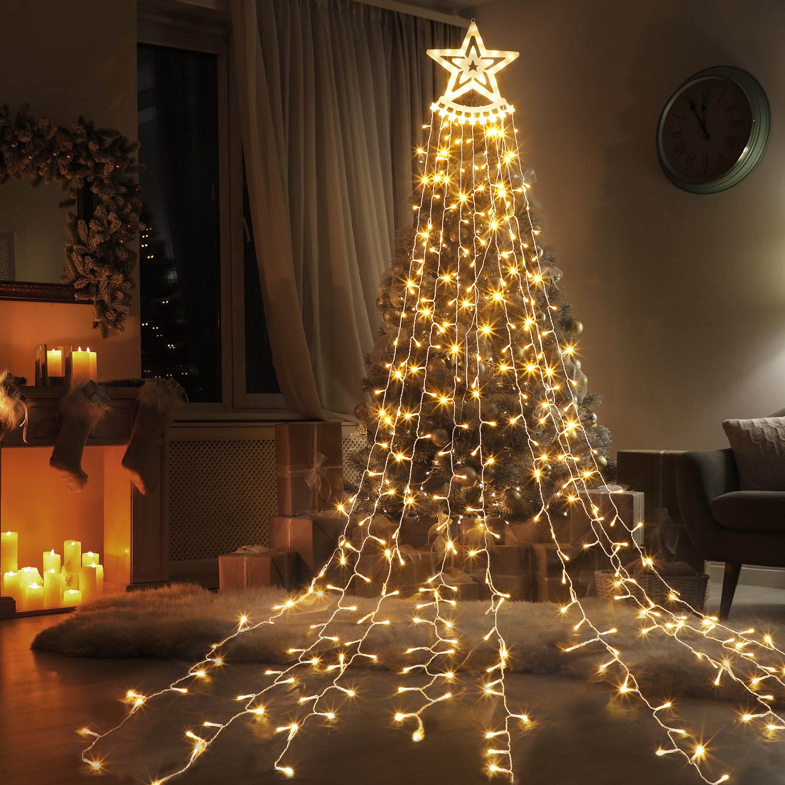 12FT Christmas Waterfall Lights with 14inch Star Topper - 350 LED Outdoor Star String Lights for Yard