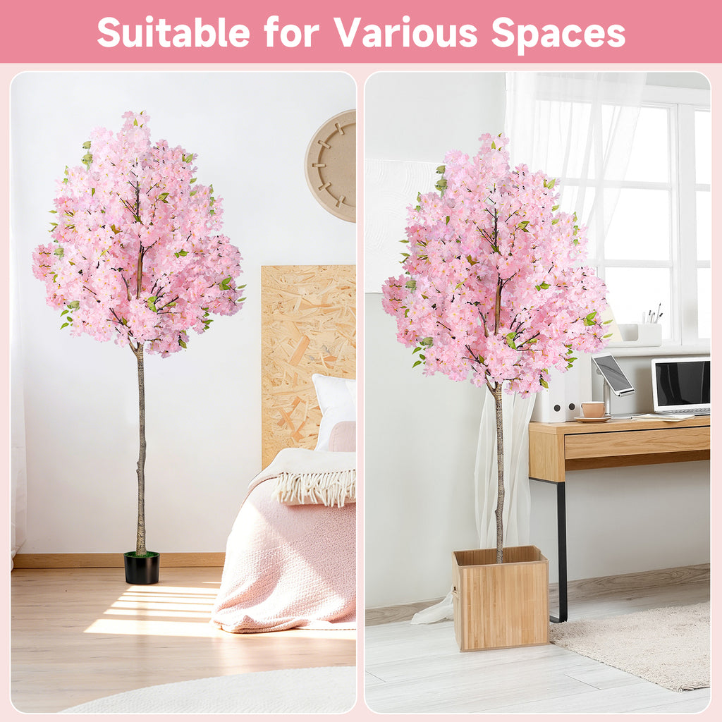 6FT Artificial Cherry Blossom Tree, 1.8M Tall Fake Pink Cherry Blossom Tree with Pot, Faux Floral Tree for Indoor Outdoor Home Wedding Party Decor