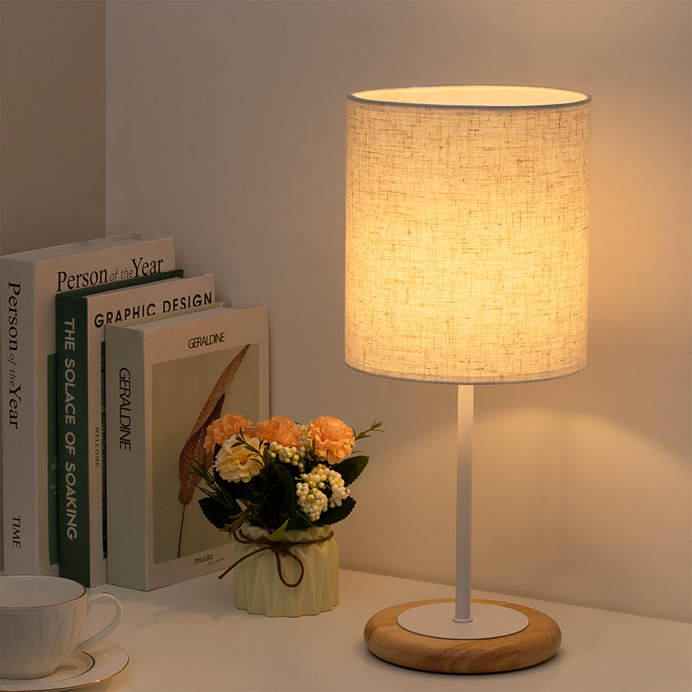 Modern Desk Lamp, Nightstand Lamp for Bedroom, Office, College Dorm, Living Room with Linen Fabric Lamp Shade and Wooden Base