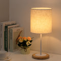 Modern Desk Lamp, Nightstand Lamp for Bedroom, Office, College Dorm, Living Room with Linen Fabric Lamp Shade and Wooden Base