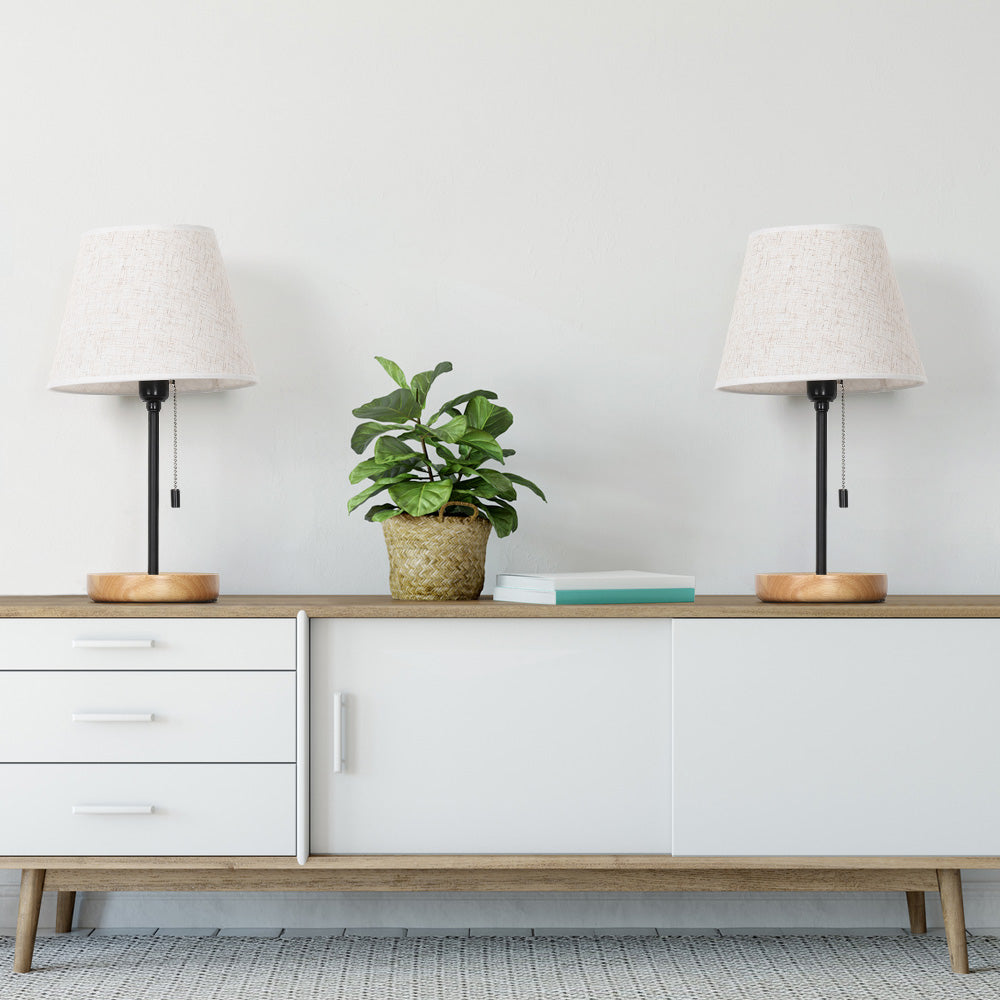 Vintage Style Table Lamps with Wood Base (Set of 2)， Modern Nightstand Lamps with Linen Shade.