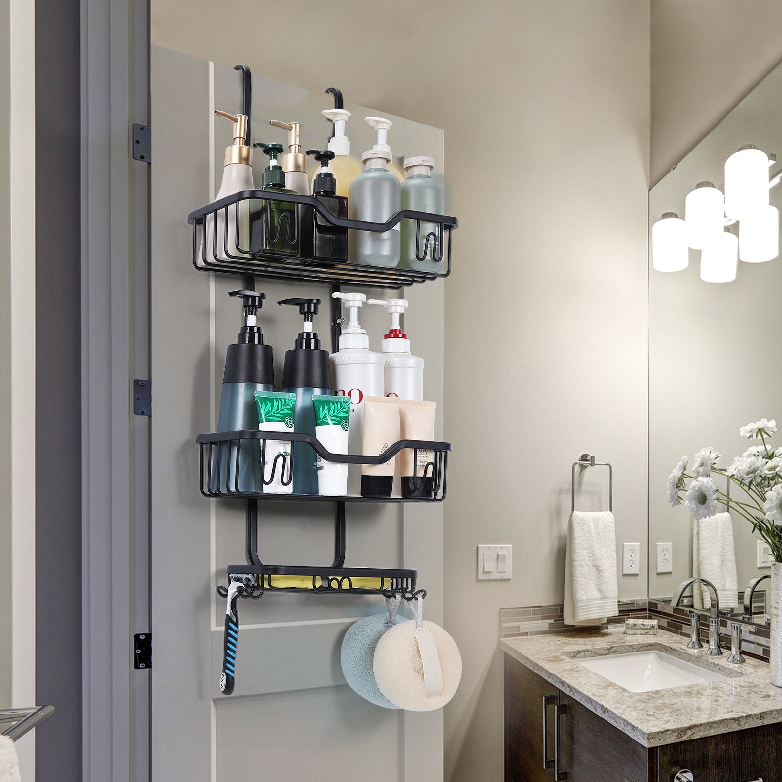 Shower organizer rack with 4 hooks, bathroom hanging shower box, rust and waterproof shower storage rack for shampoo, conditioner, soap, bath sponge, black