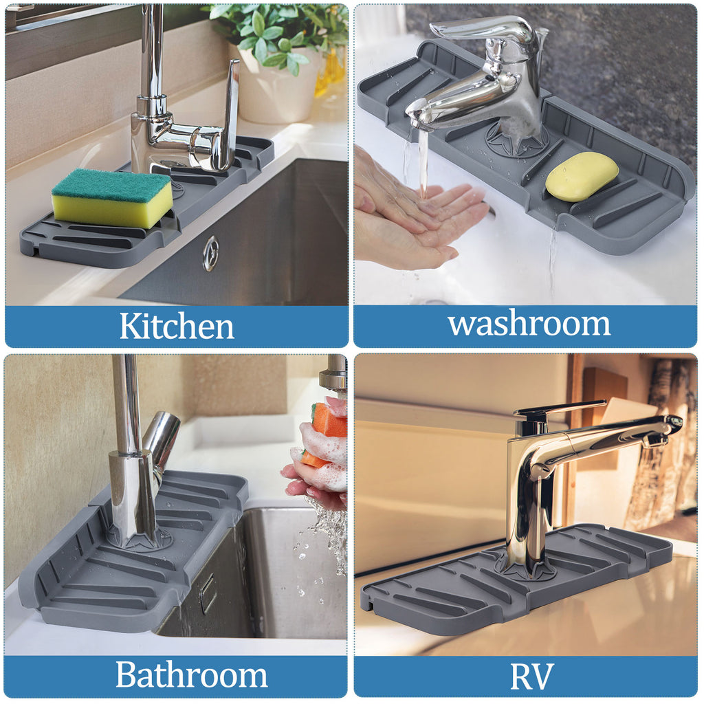 2-Piece Silicone Basin Faucet Mat, Protective Countertop Drip Catcher and Splash Guard Set for Kitchen and Bathroom Fixtures (Grey)