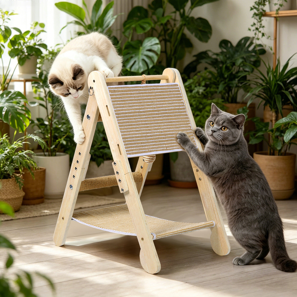 Wooden Cat Scratcher Hammock with Sisal Pad, 2-in-1 Cat Scratching Post & Bed for Indoor Cats, Adjustable Cat Scratcher Lounge