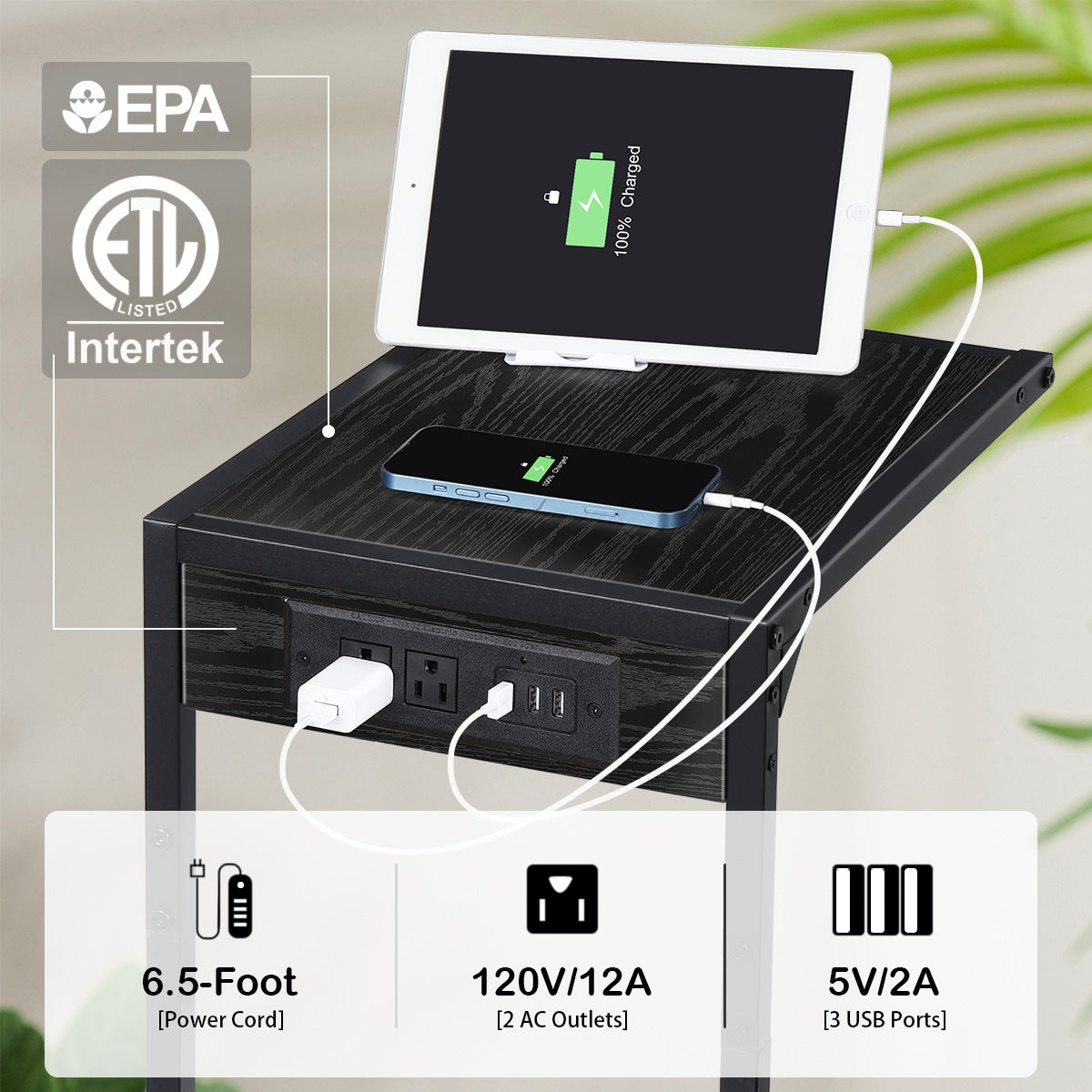 2-Pack C-Shaped Side Tables with Charging Station, USB & Power Outlet Sofa End Tables, Black