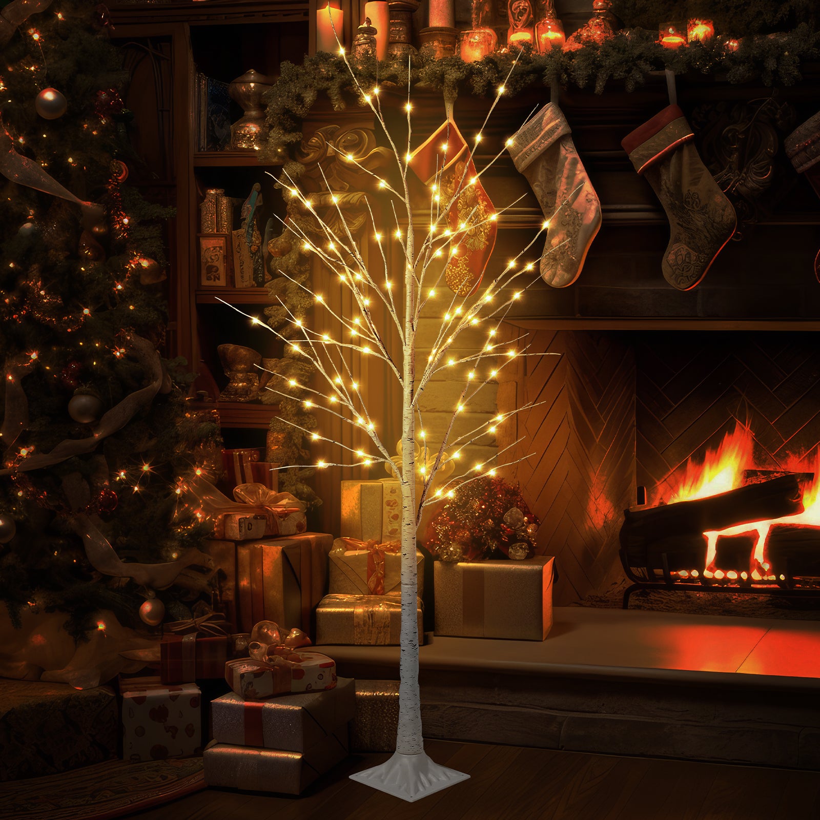 6/4FT Lighted White Birch Tree with Warm LED Fairy Lights, Pre Lit Birch Tree Indoor Outdoor Holiday Decor for Christmas Wedding Party