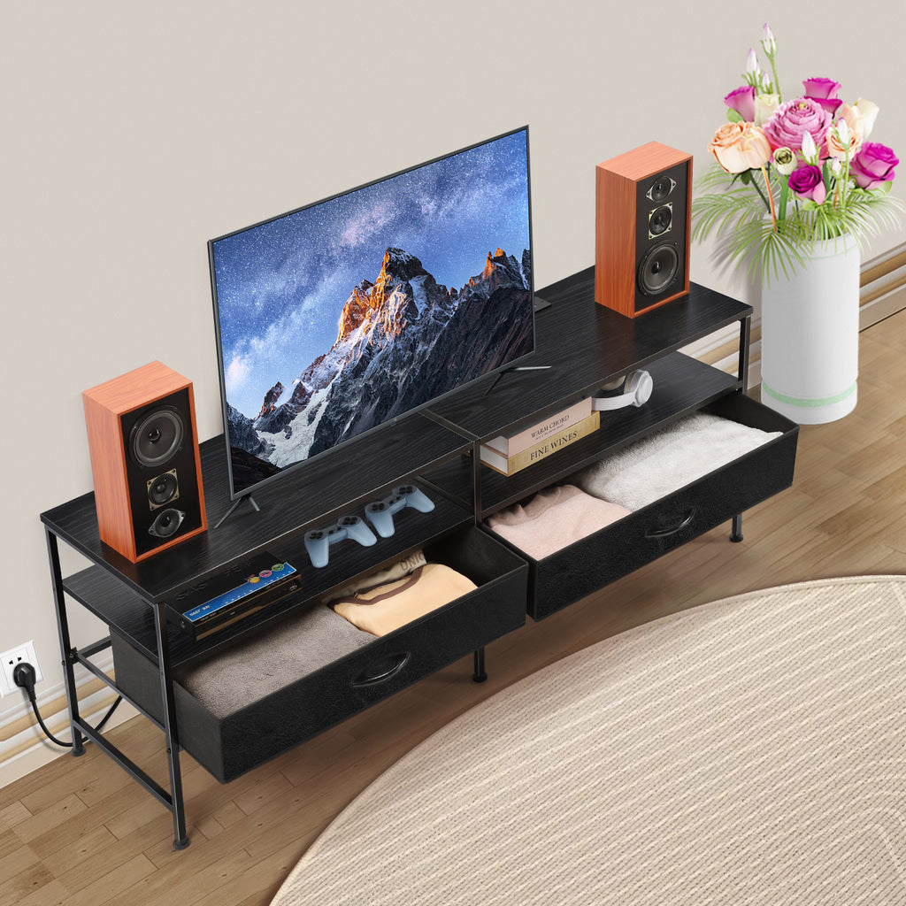 TV Cabinet. Suitable for TVs Up To 55 in. Entertainment Center, Industrial Media TV Cabinet Table. with Open Storage Shelves for Living Room, Bedroom TV Stand, Black