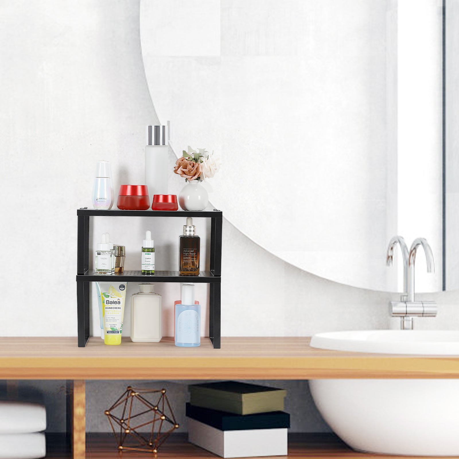 Set of 2 Black Cabinet Shelf Inserts - Expandable & Stackable Kitchen Organizer for Spice Rack