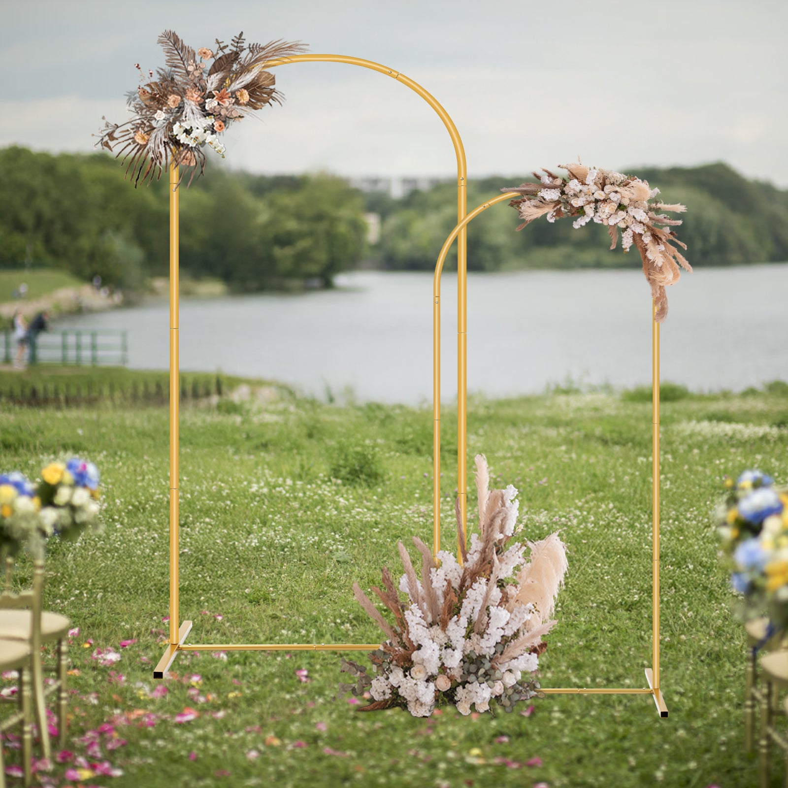 2-Piece Gold Wedding Arch Set (5ft/6ft), Nested Metal Backdrop Stands for Party & Event Decor