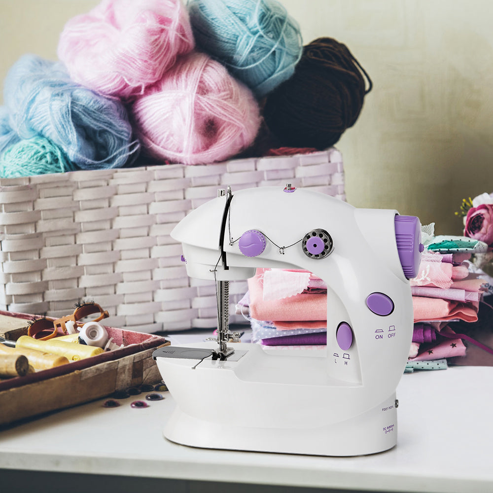 Handy Mini Sewing Machine for Daily Use, Manual DIY Crafting & Mending Machine, 2-Speed White/Purple