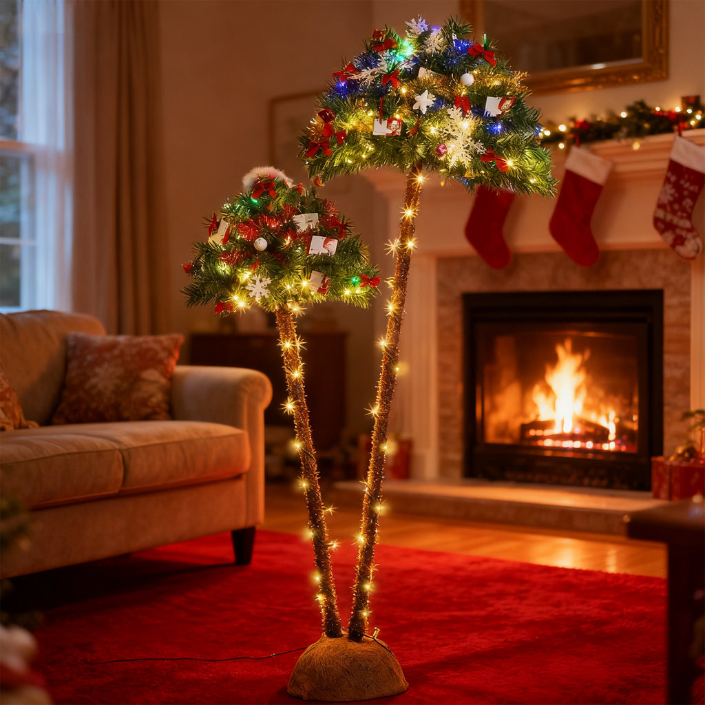 Artificial Christmas Palm Tree - Double-Trunk Lighted Tropical Xmas Trees