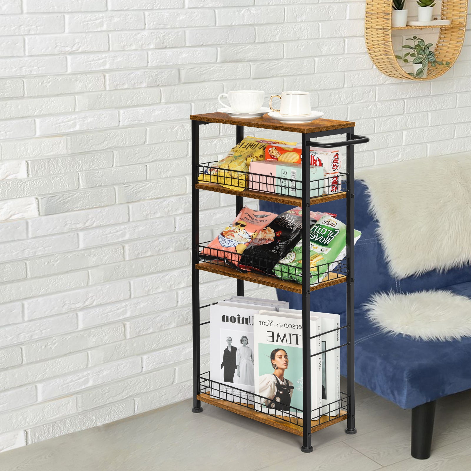 4-Tier Slim Rolling Cart | 7.3" Narrow Slide-Out Pantry Organizer with Rustic Wood Top