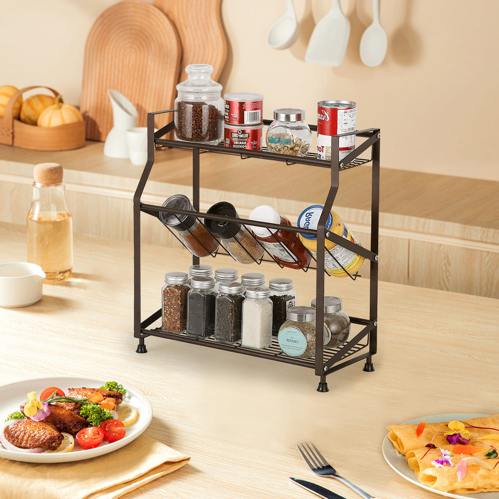 3-Tier Black Metal Spice Rack - Countertop Kitchen Organizer, Standing Jars & Bottle Storage Holder