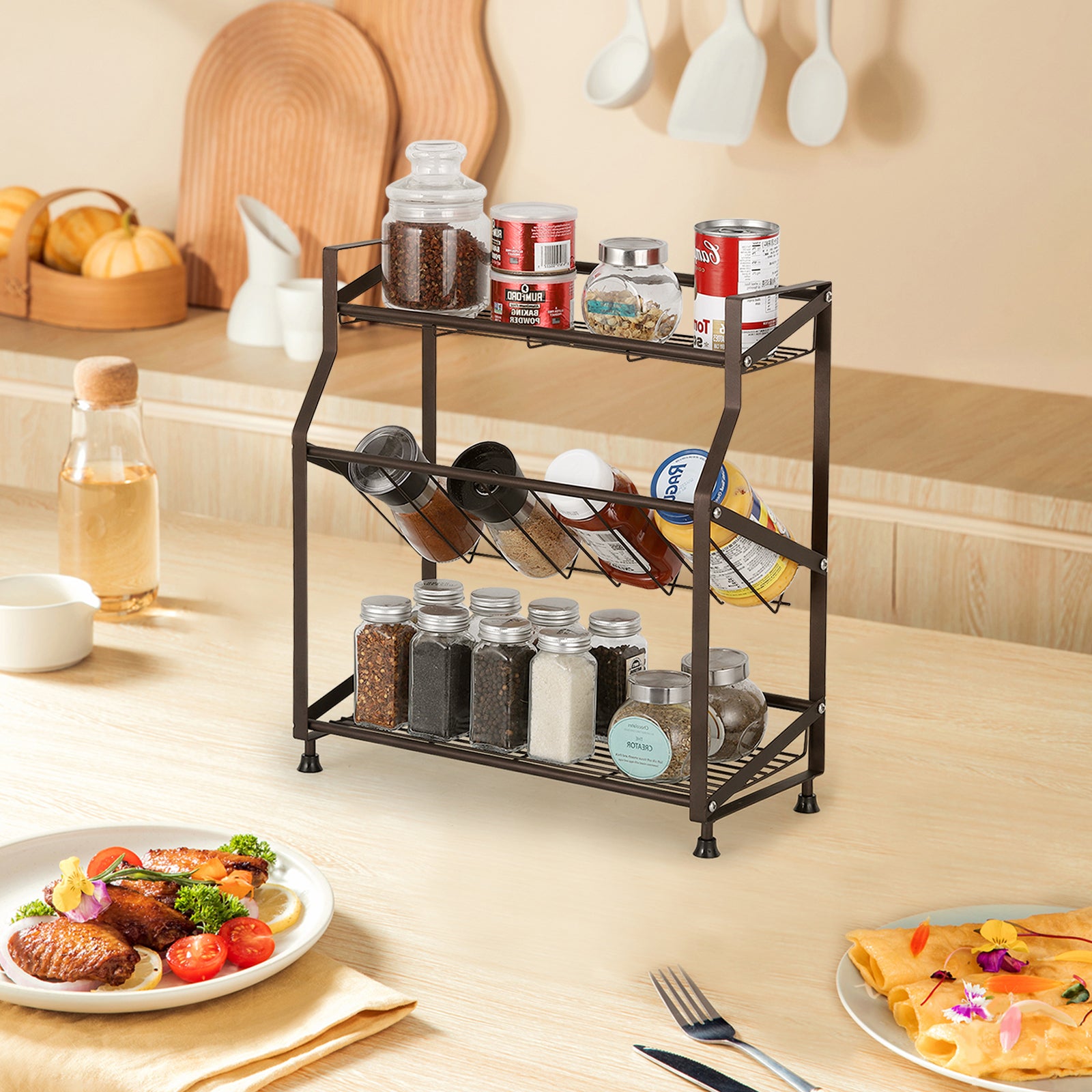 3-Tier Black Metal Spice Rack - Countertop Kitchen Organizer, Standing Jars & Bottle Storage Holder