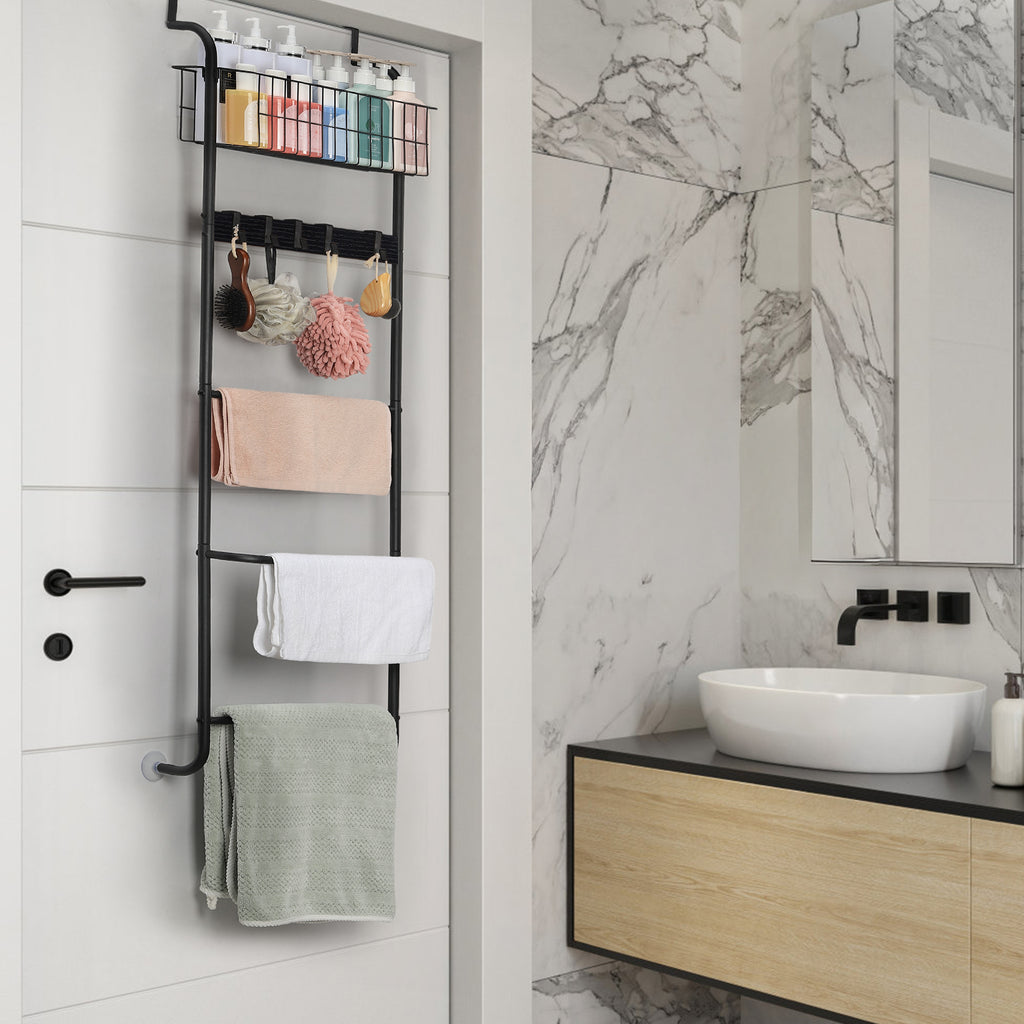 Over The Door Towel Rack with Basket, 5-Tier Hanging Towel Bar with Hooks for Bathroom Organization