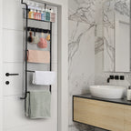 Over The Door Towel Rack with Basket, 5-Tier Hanging Towel Bar with Hooks for Bathroom Organization
